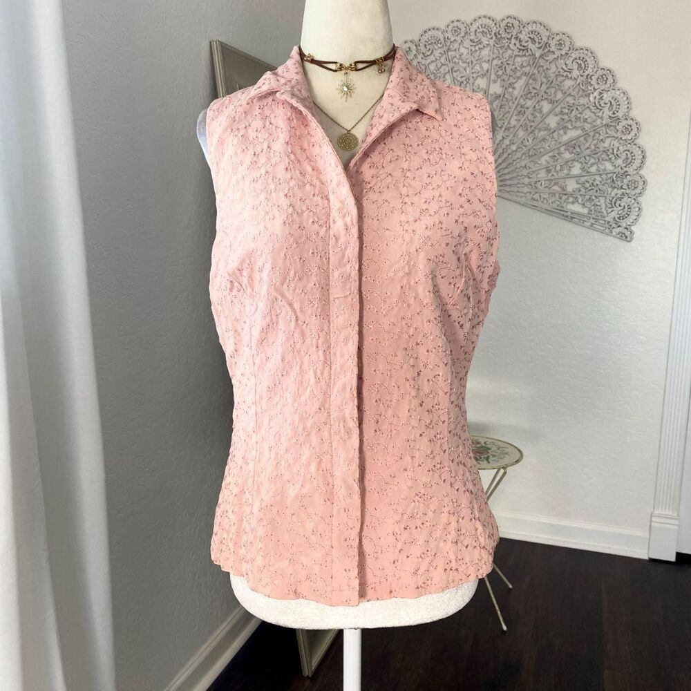 Fairy Coquette Blush Pink Silk Floral Embroidered Sleeveless Button Up Blouse L